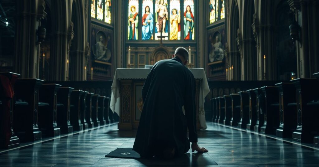 Kapłan w kryzysie modli się w tradycyjnej Mszy Trydenckiej w ciemnym kościele