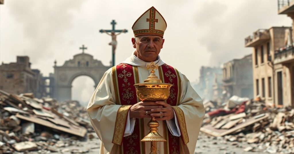 Kapłan katolicki w tradycyjnych szatach modli się w zniszczonym kościele w Libanie z Monstrancją podczas izraelskich ataków.