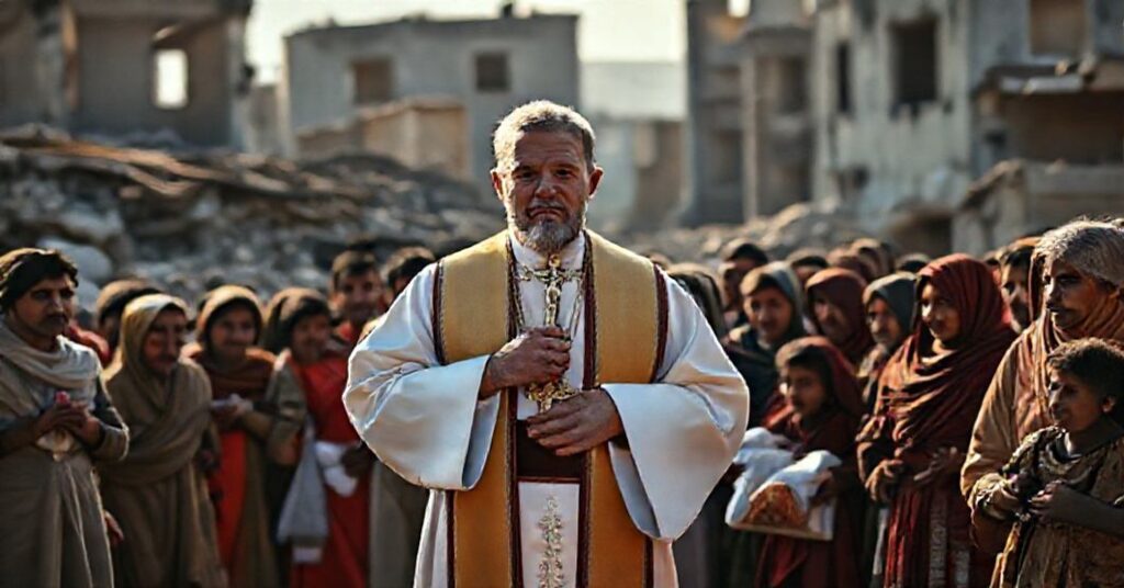 Prawdziwy katolicki kapłan w tradycyjnych ornatach stoi przed cierpiącymi ludźmi w zniszczonym regionie wojny, trzymając krzyż podczas rozdawania żywności i lekarstw. Scena jest oświetlona delikatnym światłem naturalnym, podkreślającą konflikt pomiędzy misją duchową a świeckim działaniem humanitarnym.