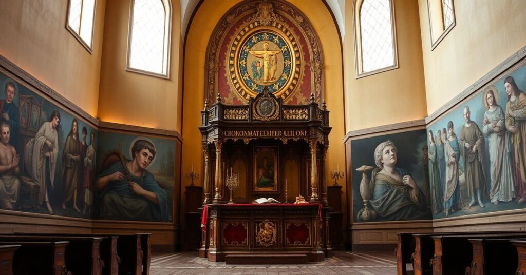 Tradycyjny katolicki kapłan w modlitwie przed ołtarzem z krzyżem i Chrystusem Ukrzyżowanym. Tło: gotycki kościół z murami i drewnianymi ławkami.