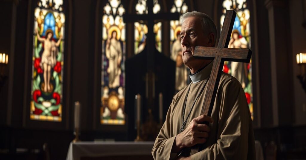 Kapłan katolicki w tradycyjnym sutannie trzyma krzyż w ciemnym kościele z witrażami przedstawiającymi ukrzyżowanie.