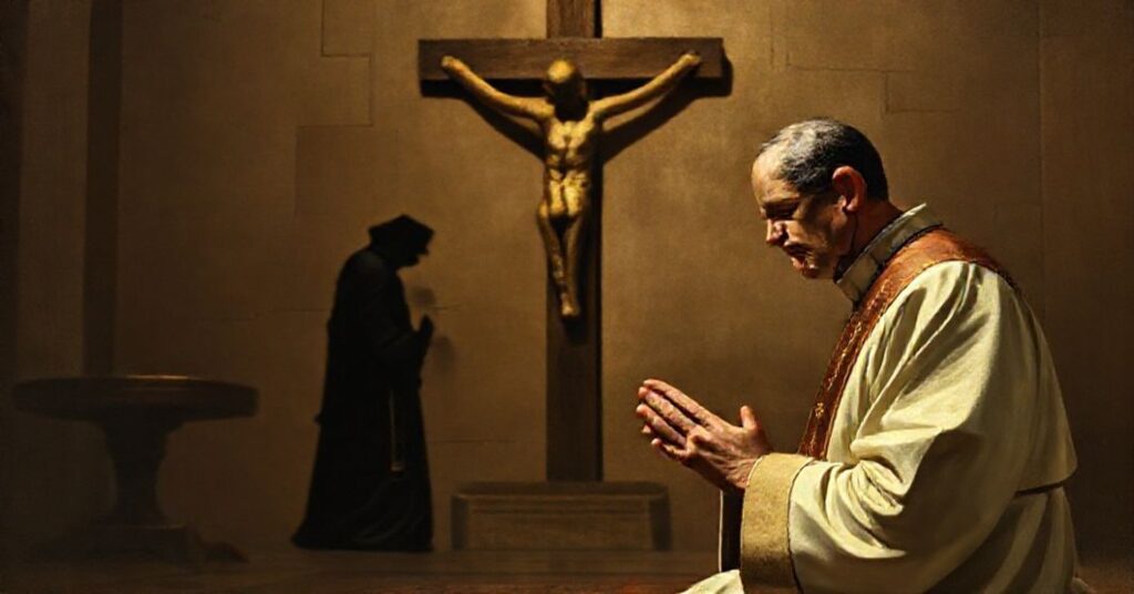 Tradycyjny kapłan w modlitwie przed krucyfiksem w tradycyjnej szacie liturgicznej.