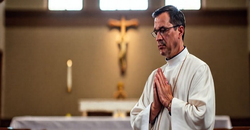 Kapłan w tradycyjnych szatach liturgicznych modli się w kościele, podkreślając powagę kapłaństwa i kontrast z sekularyzacją.