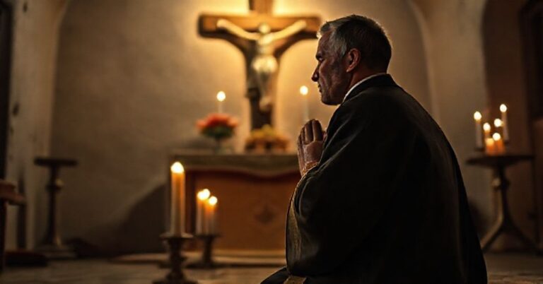 Tradycyjny katolicki kapłan modli się w kaplicy w Sierra Leone, podkreślając prawdziwą misję Kościoła jako zbawienia duszy