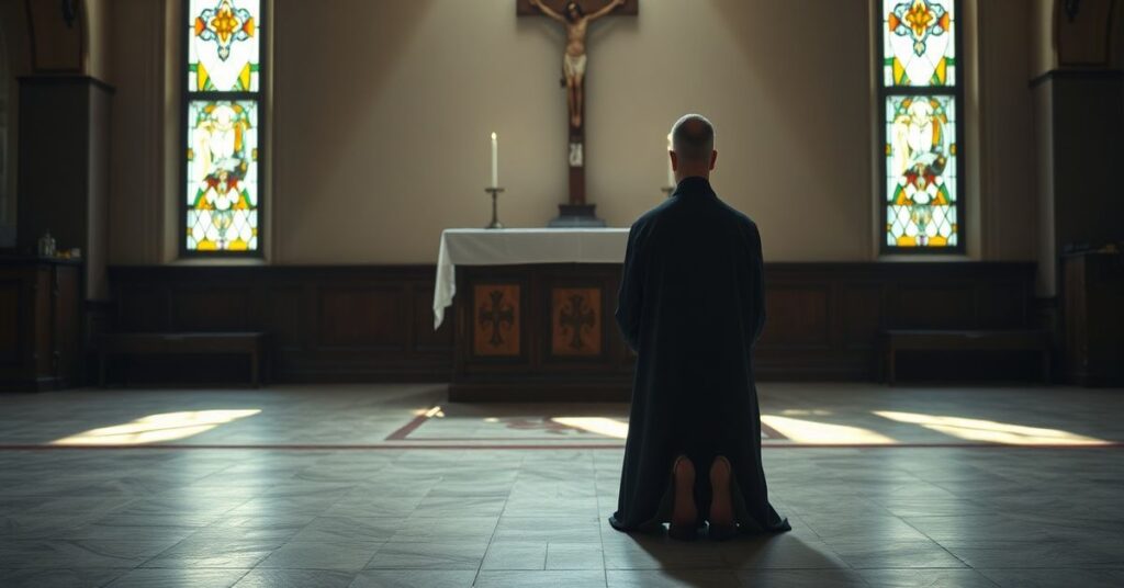 Prawdziwy kapłan modlący się w tradycyjnym kościele, podkreślając kontrast z nowoczesnym celebrytyzmem duchownych.