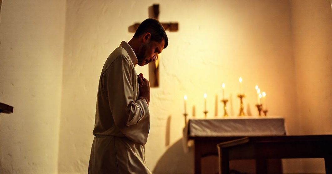 Modlitwa kapłana w tradycyjnym habitacie przed Najświętszym Sakramentem w kaplicy