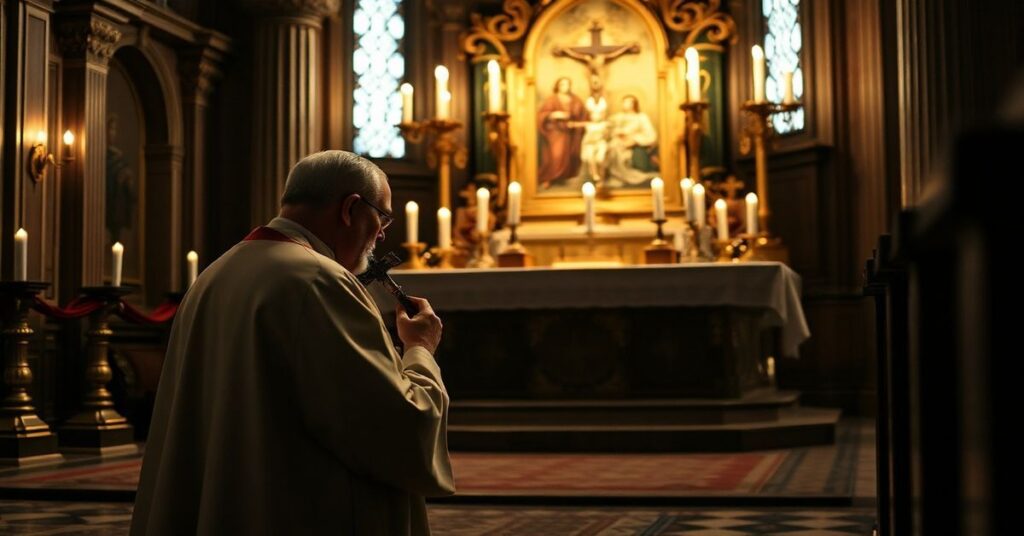 Kapłan w tradycyjnym stroju modli się przed tabernakulum w ciemnej kościelnej kaplicy, symbolizując autentyczne katolickie kapłaństwo.