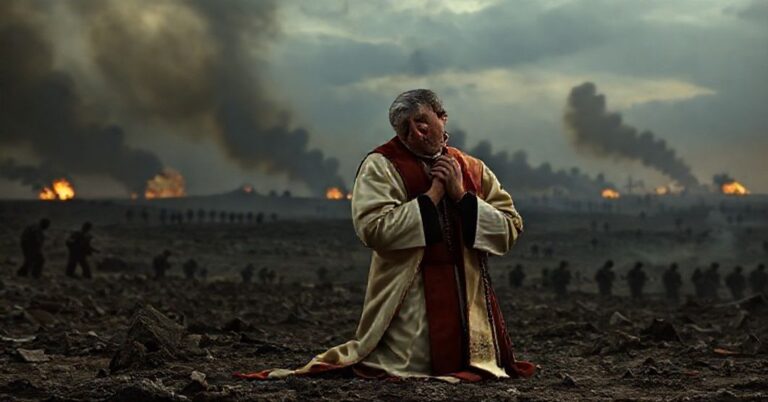 Tradycyjny katolicki kapłan w habitach modlący się przed zniszczonym krajobrazem wojennym, symbolizując zgubł moralny i kryzys duchowy narodów.