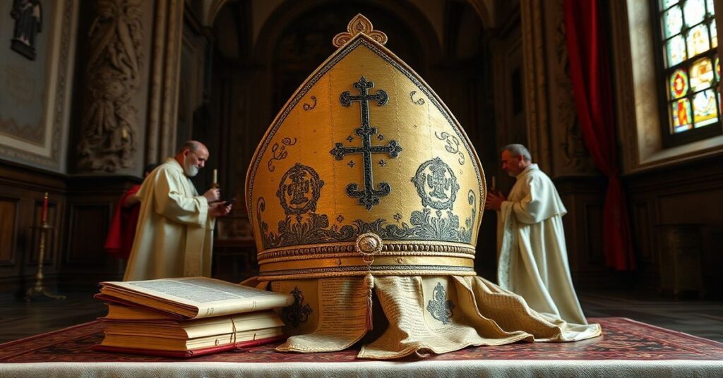 Tradycyjny kapłan w modlitwie przed dokumentami Kościoła przedwatykańskiego