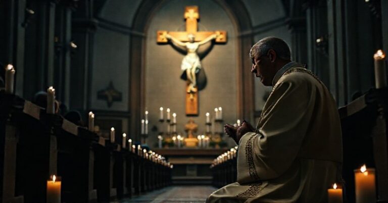 Prawdziwy pokój poprzez panowanie Chrystusa Króla - tradycyjny katolicki kapłan w modlitwie w ciemnym kościele.