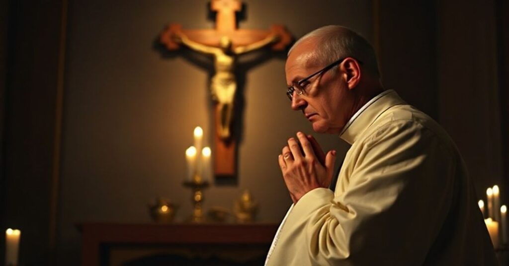 Tradycyjny kapłan w modlitwie przed krzyżem w ciemnej kaplicy, symbolizując powołanie do pokuty i modlitwy w czasach wojny