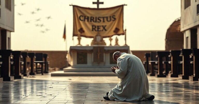 Kapłan w tradycyjnych szatach modli się w zniszczonym koście przed ołtarzem, symbolizując duchową pustkę w czasie konfliktłw geopolitycznych. Na tle widoczne sylwetki samolotów wojskowych.