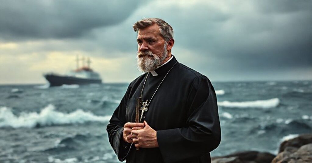 Zdeterminowany kleryk w tradycyjnym ornaty stojący przed burzliwym morzem, trzymający krzyż z widokiem tonącego okrętu na horyzoncie symbolizującego współczesny Kościół.
