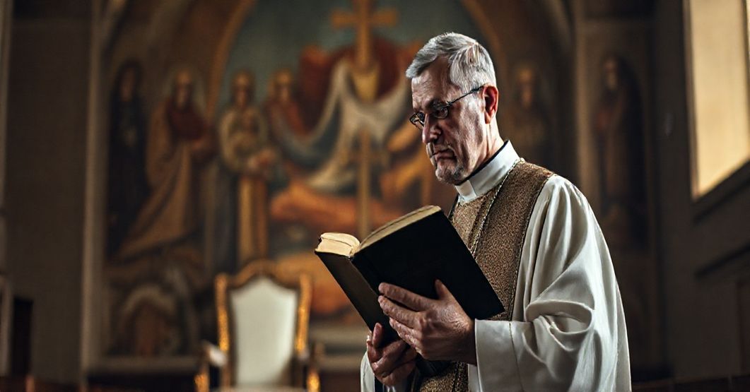 Solemny kapłan katolicki w tradycyjnych szatach liturgicznych stojący w ciemnym koście, trzymający zamkniętą Biblię i patrzący na dokument o nazwie "Synod Archidiecezji Wrocławskiej". Na twarzy ma wyrażę głębokiego zmartwienia. W tle widoczny jest blady fresk z wizerunkami świętych, kontrastujący z nowoczesną architekturą na pierwszym planie. Scena symbolizuje strukturalną apostazję opisą w artykule.
