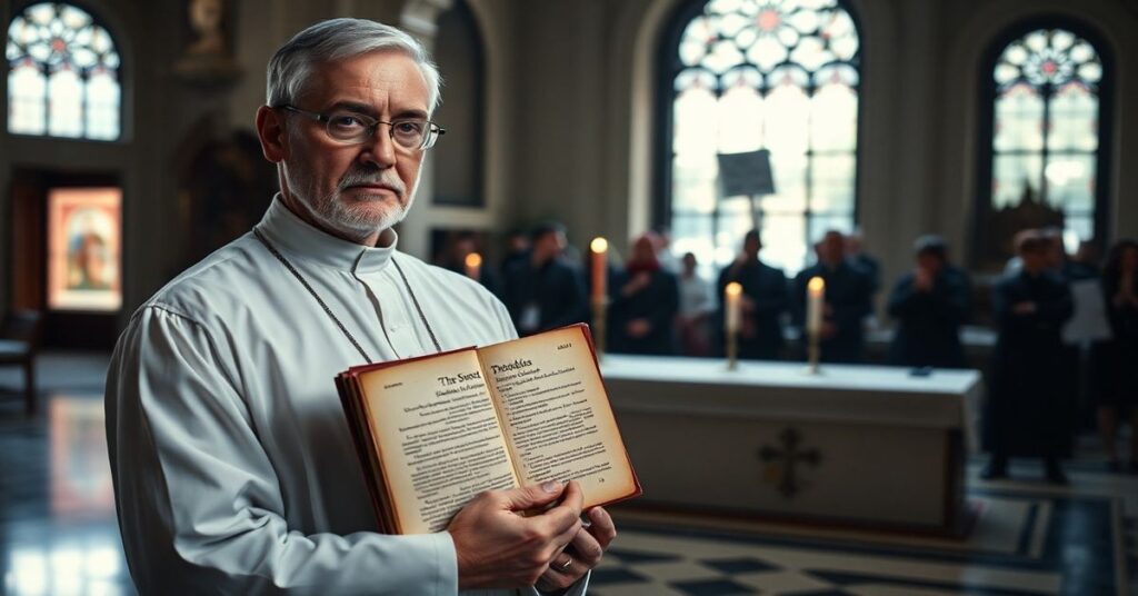Solemny kapłan w tradycyjnym stroju kościelnym stoi w kościele z marmurowymi podłogami, trzymając zużyty egzemplarz Summa Theologica przed ołtarzem z migoczącymi świetlami świec. W tle rozmyte postacie demonstrantów poza oknami kościoła.