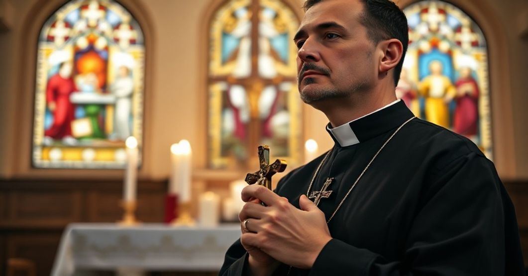 Portret tradycyjnego hiszpańskiego kapłana w sutannie trzymającego krzyż przed ołtarzem w kościele. Wyraz twarzy wyraża zdecydowanie i troskę w obliczu prześladowań.