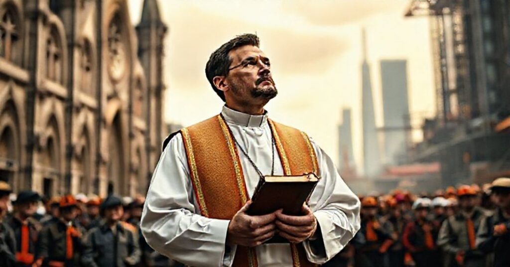 Kapłan w tradycyjnych szatach kościolnych stojący przed pracownikami w nowoczesnym środowisku przemysłowym, trzymający Biblię i patrzyący z powagą na horyzont.