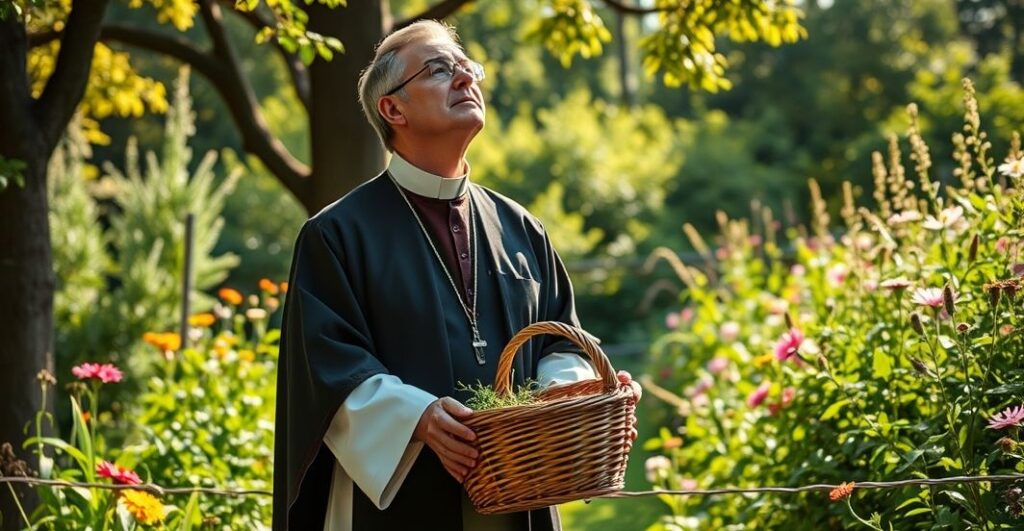 Kapłan w tradycyjnym stroju kościólnym, trzymający koszyk nasion w ogrodzie, modlący się pod niebem, symbolizujący chrześcijańską opiekę nad przyrodą.