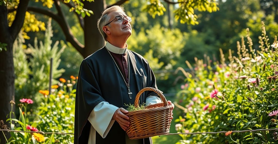 Kapłan w tradycyjnym stroju kościólnym, trzymający koszyk nasion w ogrodzie, modlący się pod niebem, symbolizujący chrześcijańską opiekę nad przyrodą.