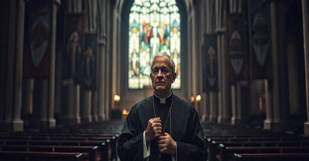 Prawosławny kapłan w opuszczonym kościele z transparentami o rozmowach pokojowych