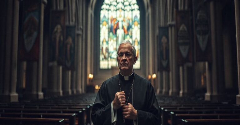 Prawosławny kapłan w opuszczonym kościele z transparentami o rozmowach pokojowych