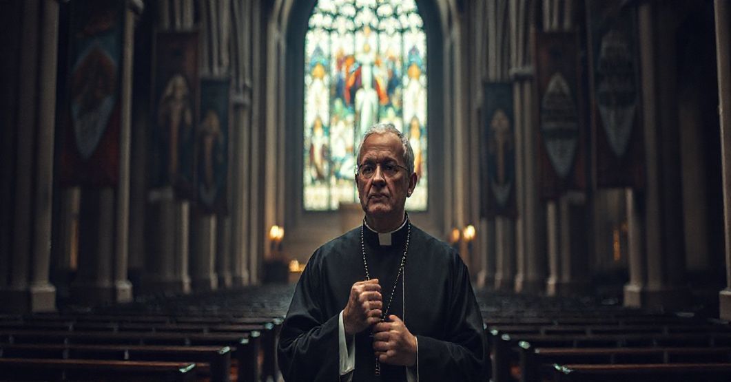 Prawosławny kapłan w opuszczonym kościele z transparentami o rozmowach pokojowych