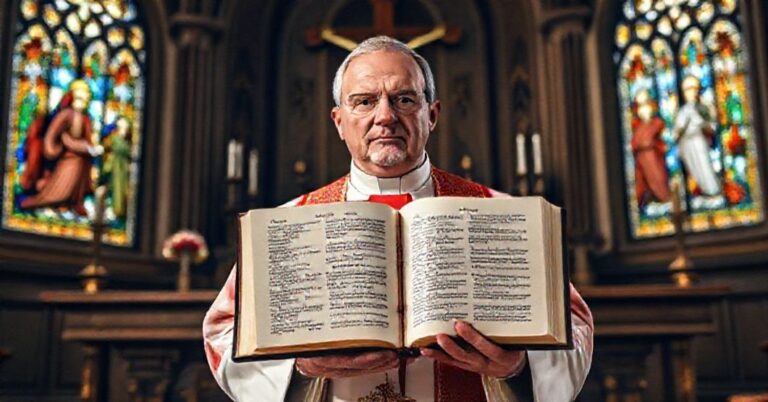 Tradycyjny kapłan w ornaty w kościele przed ołtarzem trzyma Vulgatę z 1 Kor 16