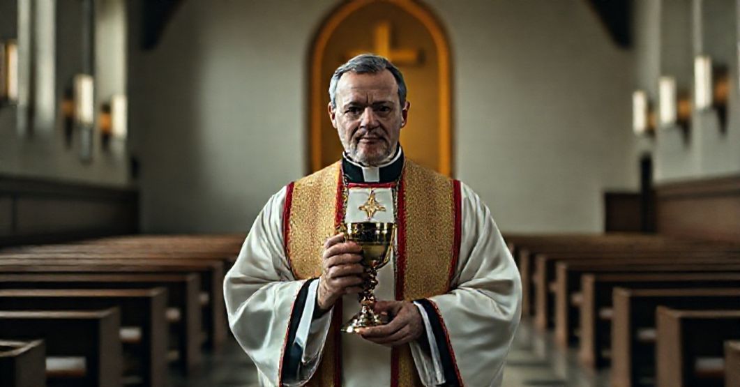 Ciemna kaplica z tradycyjnym kapłanem trzymającym kielich, symbolizująca pustkę nowych sakramentów i odchylenia doktynalne w Kościele.