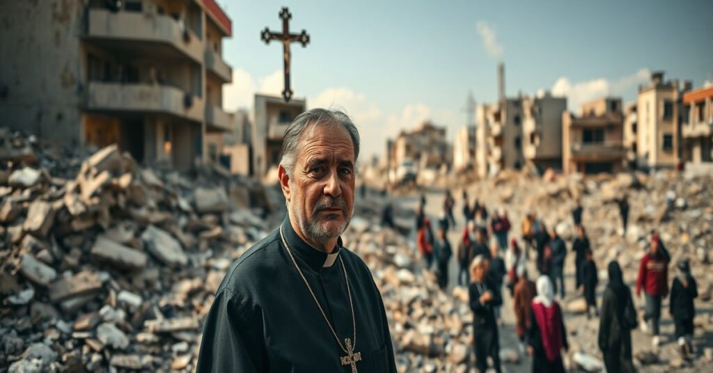 Katolicki kapłan w tradycyjnym sutannie w zniszczonym Bejrucie, otoczony uchodźcami; symbolizuje duchowe bankructwo Caritas Polski pod kierownictwem Dominika Derlickiego.