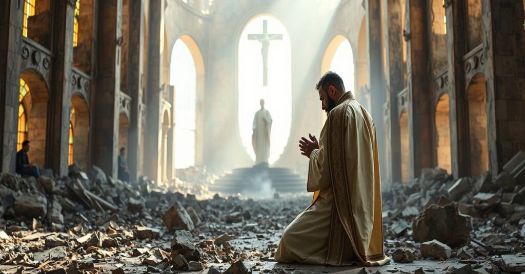 Tradycyjny katolicki kapłan w maronickiej szacie liturgicznej modli się w ruinach zniszczonego kościoła w Bejrucie, podczas libańskiej tragedii.