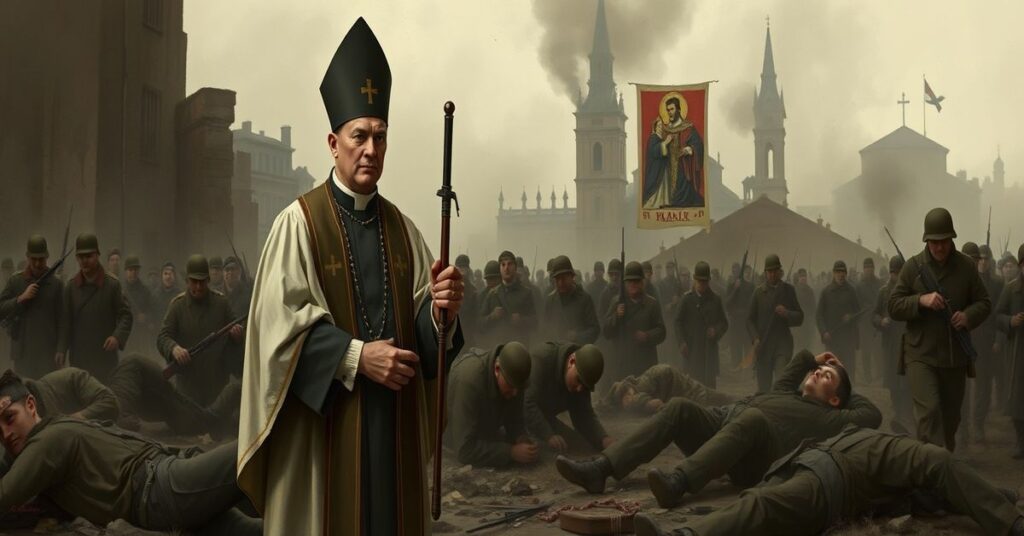 Przebywający w ruinach Warszawy kapłan tradycyjny z różańcem i ornatem wsparcie dla rannych powstańców