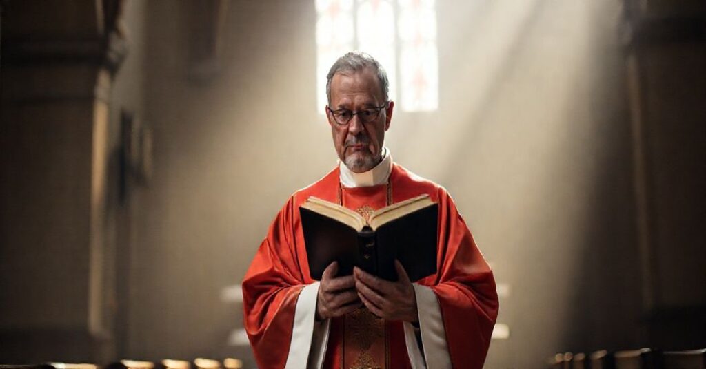 Kapłan w tradycyjnych szatach liturgicznych stoi w ciemnej sakrystii, trzymając zamkniętą Biblię, symbolizując kryzys redukcji sumienia i sakramentów przez modernizm w kościełu.