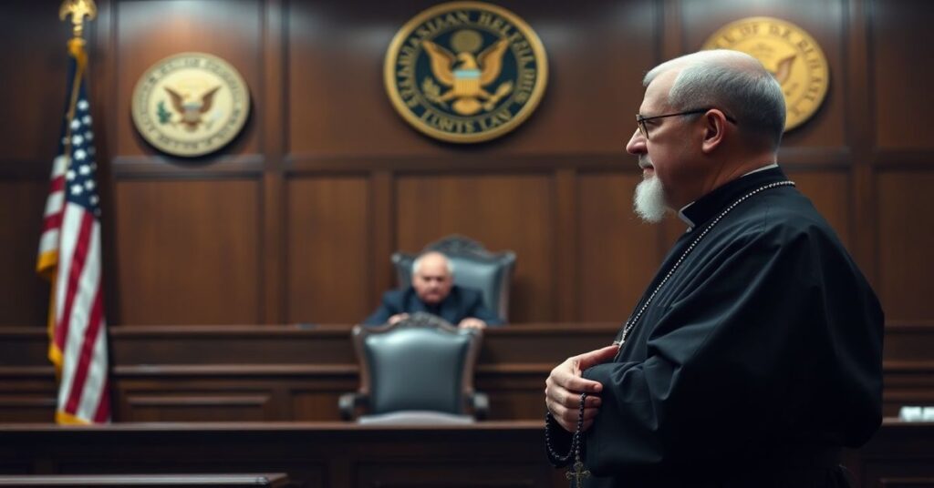 Kapłan katolicki w sutannie stoi w sali sądowej z różańcem w ręku, patrząc z smutkiem na puste miejsce sędziego.