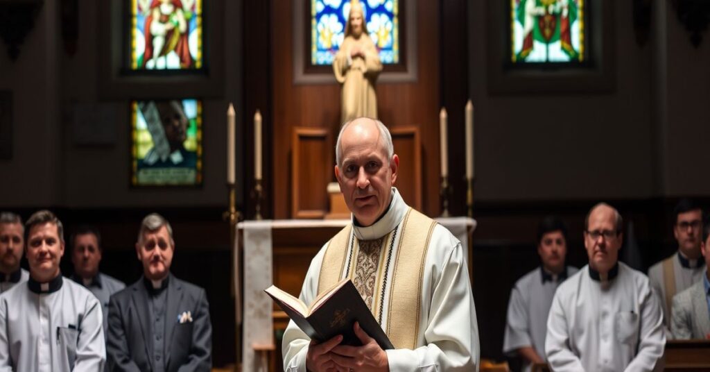 Kapłan w tradycyjnych szatach liturgicznych przemawia do grupy mężczyzn w kościele, podkreślając tradycyjne nauki katolickie.