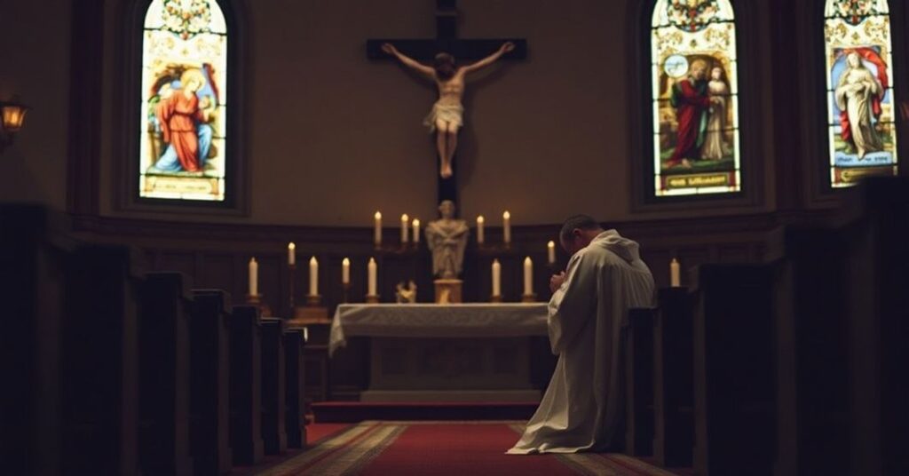 Sobór katolicki w Pelplinie z kapłanem modlącym się przed krzyżem w atmosferze pokuty i żalu.