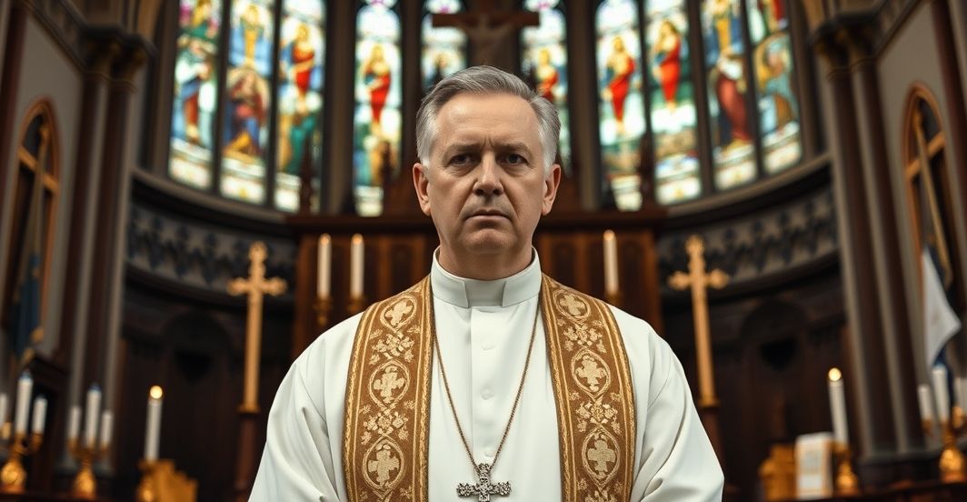 Kapłan katolicki w sutannie w świątyni, poważnie rozważający zagrożenia manipulacji medialnej i duchowego upadku