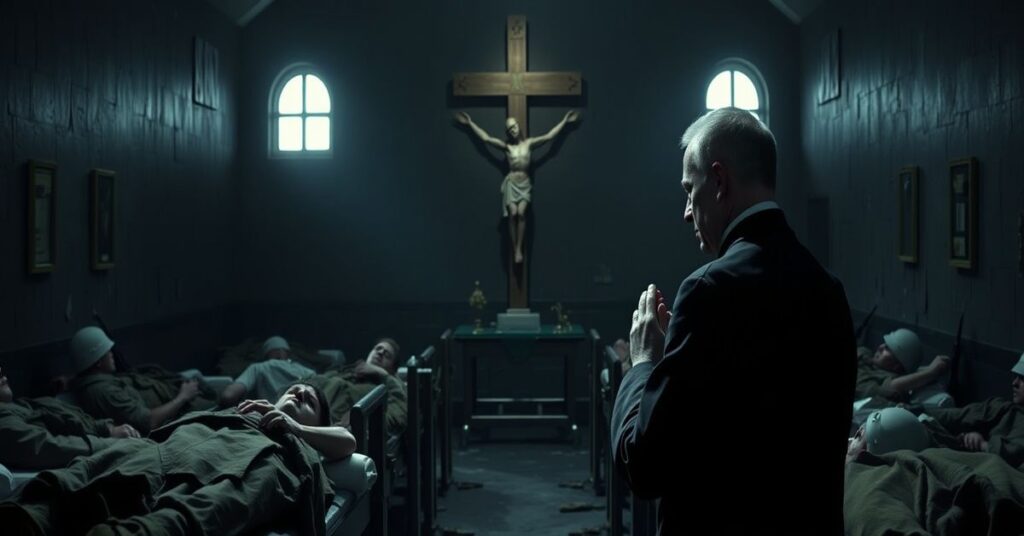 Realistyczny zdjęcie przedstawia kapłana w sutannie modlącego się przed krzyżem w szpitalu powstańczym, otoczonego rannymi żołnierzami. Scena podkreśla naturalistyczny humanitaryzm bez wymiaru sakramentalnego.