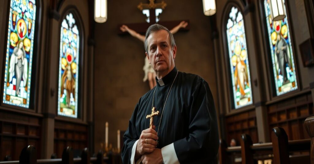 Tradycyjny kościół katolicki z kapłanem w sutannie trzymającym krucyfiks; symbolizuje herezję Watykanu równającego Wielki Post z ramadanem.