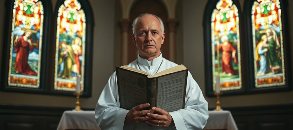 Kapłan w tradycyjnym habitach modli się przed ołtarzem w kaplicy z witrażami przedstawiającymi sceny z Kościoła przed Soborem Watykańskim II.