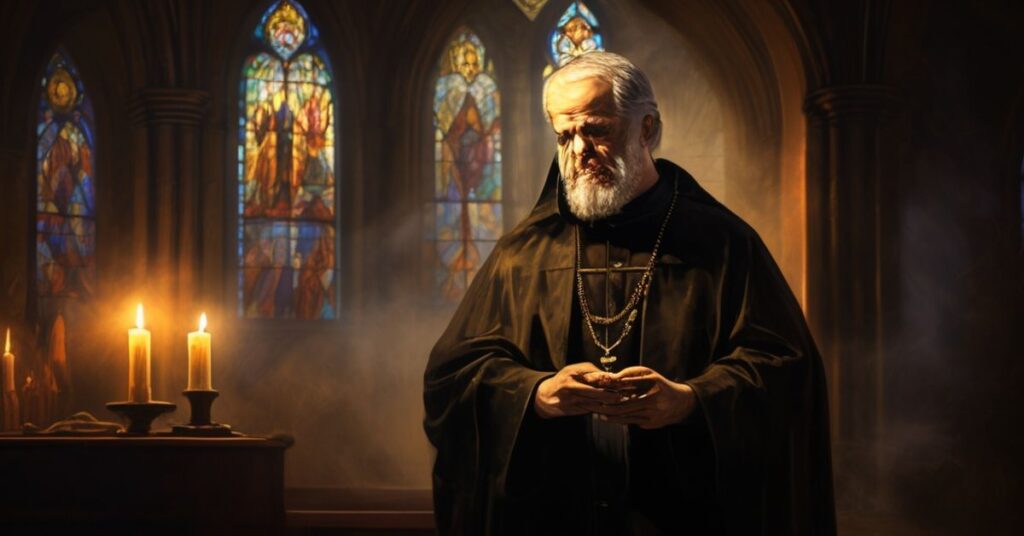 Tradycyjny kapłan katolicki w tradycyjnych szatach liturgicznych stoi w ciemnej kaplicy z witrażami i ikonografią religijną.