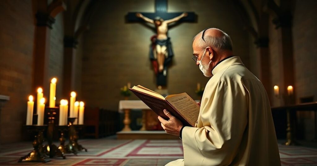 Tradycyjny kapłan napisuje modlitwę w historycznej kaplicy z krzyśem i żkami