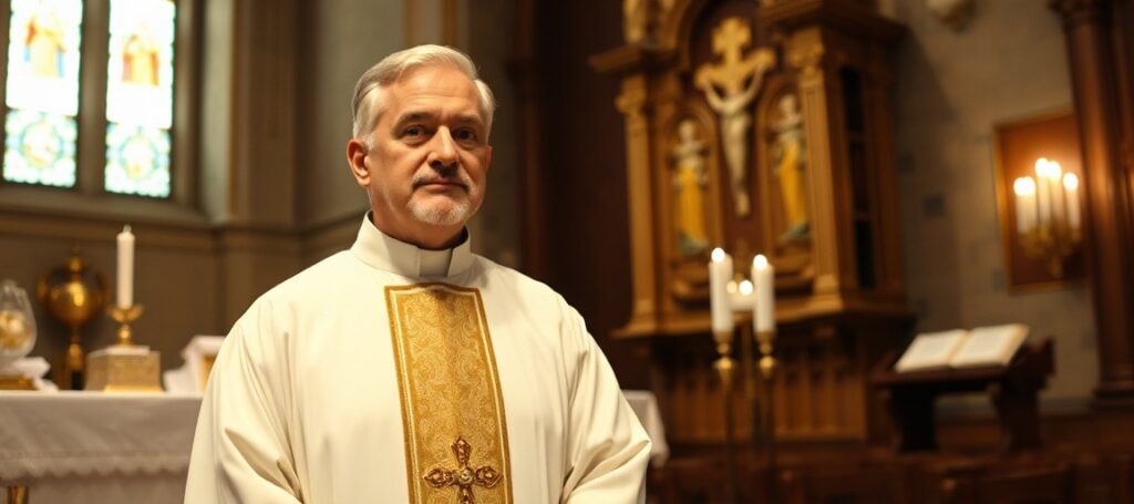 Kapłan w tradycyjnych szatach liturgicznych stoi w ciemnej i uroczej zakrystii, przygotowując się do mszy. Zakrystia jest ozdobiona naczyniami liturgicznymi i księgami.