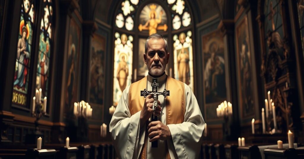 Stary kapłan w tradycyjnych szatach liturgicznych stoi w ciemnej kaplicy z krzyżem w ręku. Tło przedstawia starożytne witraże i freski biblijne, podkreślając kryzys teologiczny.
