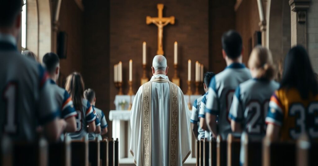 Tradycyjne wnętrze kościelne z kapłanem w ornaty stojącym przed ołtarzem podczas Mszy Świętej.