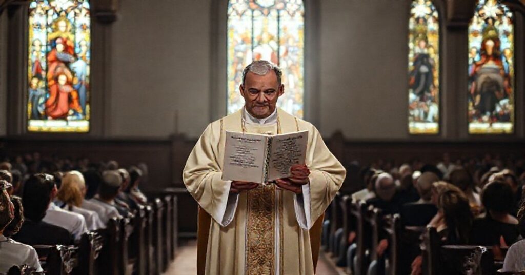 Prawowierny katolicki kapłan w pełnym stroju liturgicznym w tradycyjnym kościele z niepokojem trzyma książkę o migrantach jako misjonarzach nadziei