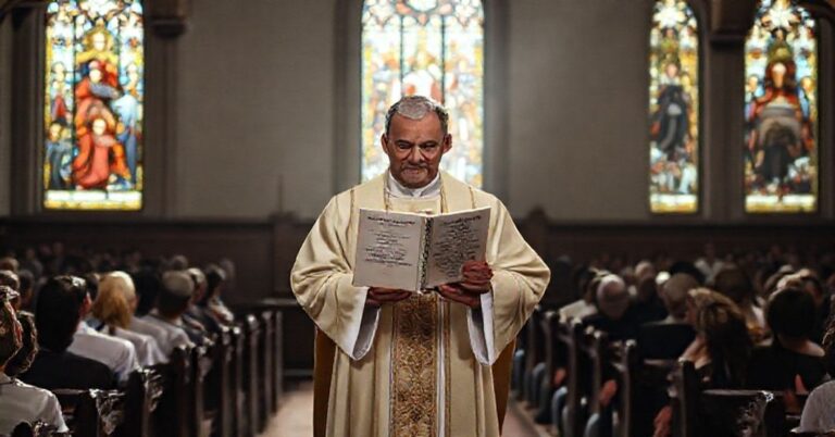 Prawowierny katolicki kapłan w pełnym stroju liturgicznym w tradycyjnym kościele z niepokojem trzyma książkę o migrantach jako misjonarzach nadziei