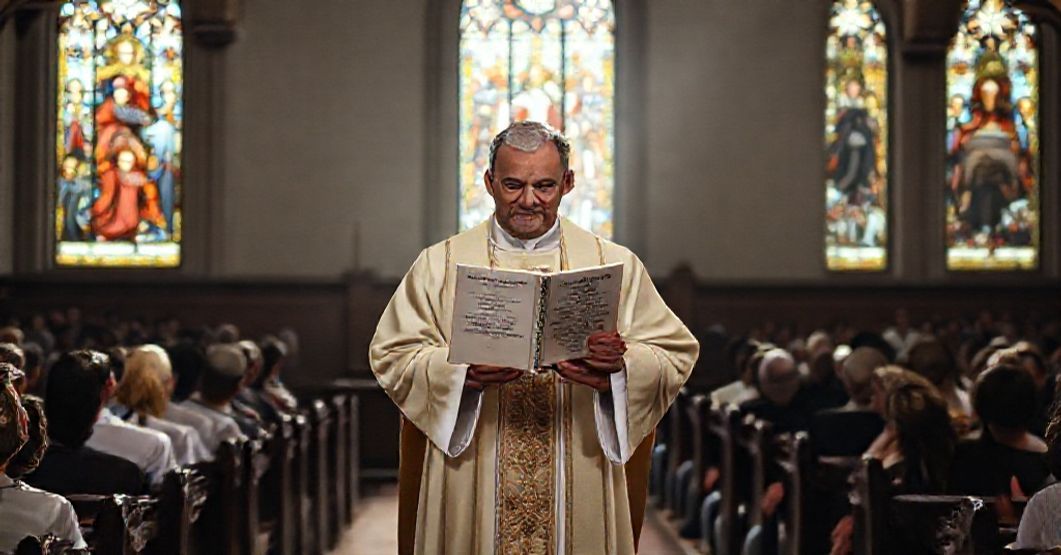 Prawowierny katolicki kapłan w pełnym stroju liturgicznym w tradycyjnym kościele z niepokojem trzyma książkę o migrantach jako misjonarzach nadziei