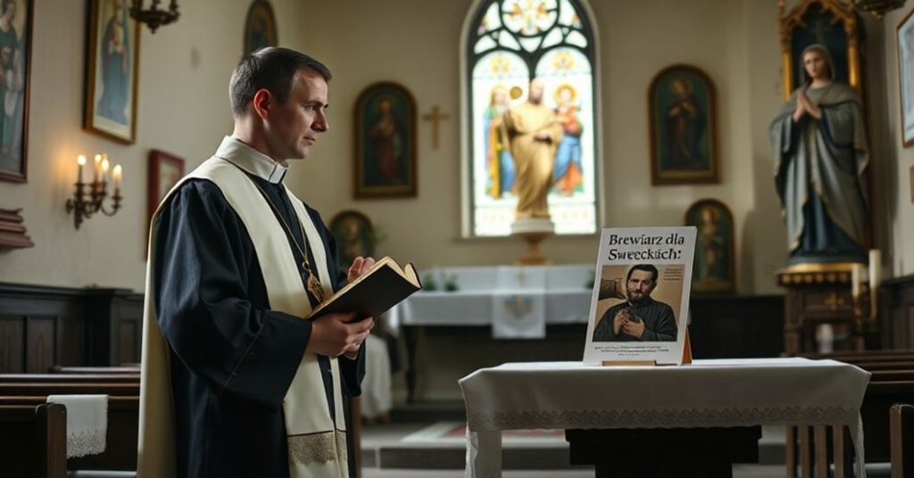 Tradycyjny kapłan w kościele z modlitewnikiem na ołtarzu symbolizującym konflikt między tradycją a nowoczesnością.