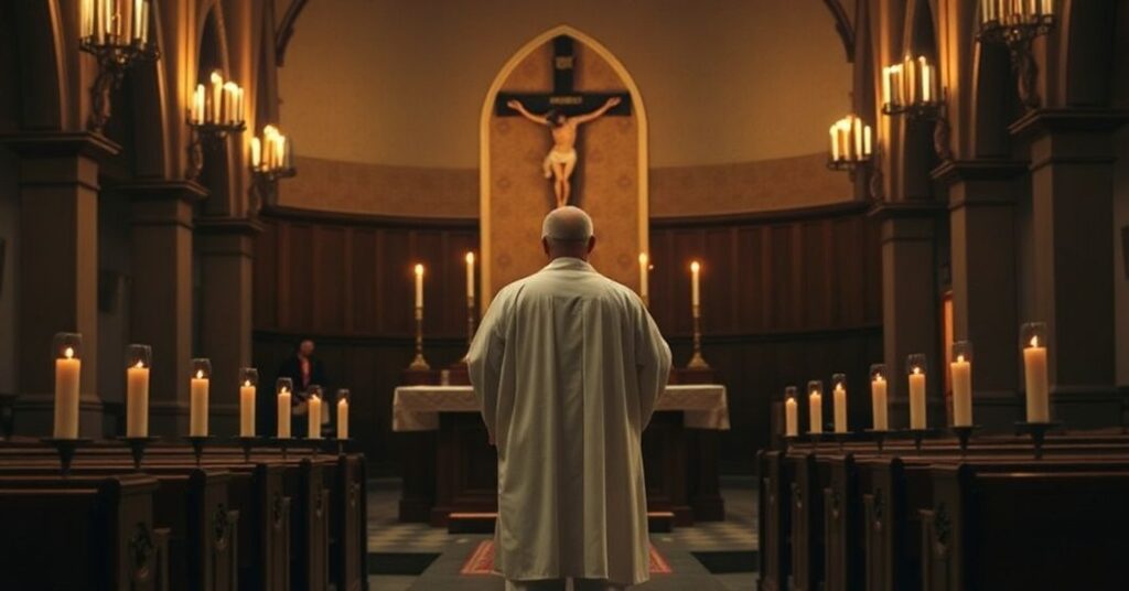 Pusty kościół w tradycyjnym stylu z pojedynczym kapłanem w białych szatach stojącym przy ołtarzu, otoczonym świecami i krzyżem. Atmosfera jest poważna i nabożna.