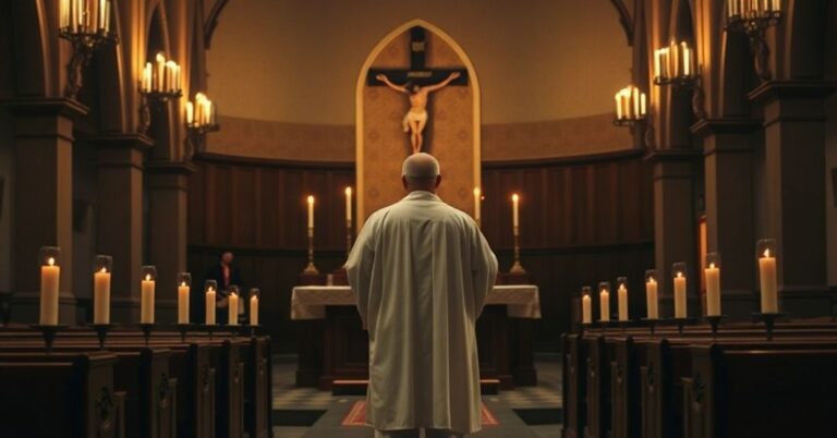 Pusty kościół w tradycyjnym stylu z pojedynczym kapłanem w białych szatach stojącym przy ołtarzu, otoczonym świecami i krzyżem. Atmosfera jest poważna i nabożna.